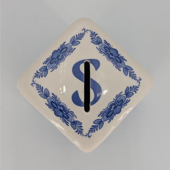 Delft Blue Holland Windmills Cube Bank Ceramic Transferware Coin Storage VTG - Picture 2 of 10